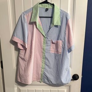 SHEIN Women's Striped Button Down Shirt - Blue, Pink, Green